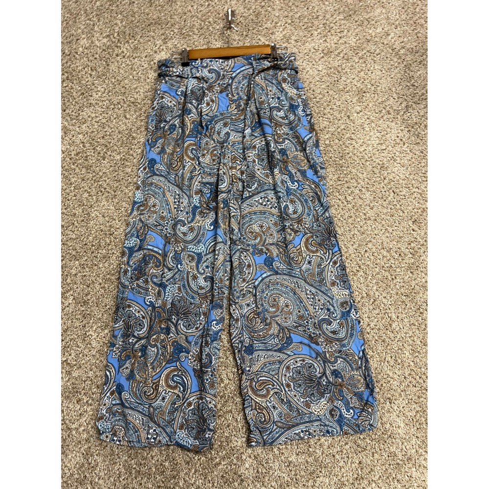 Tommy Hilfiger Womens Blue Paisley Wide Leg Paperbag Waist Pants Size M